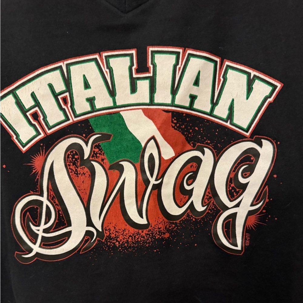 Italian Swag VNeck Black Tee Shirt - Missing Label - XL 24”W x 28”L - Picture 2 of 4